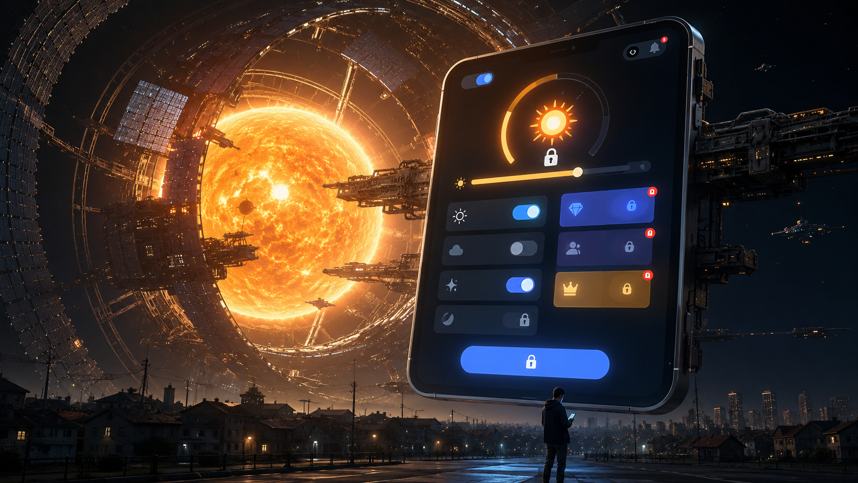 A graphic illustration of the sun being enclosed by orbiting app panels and payment interfaces