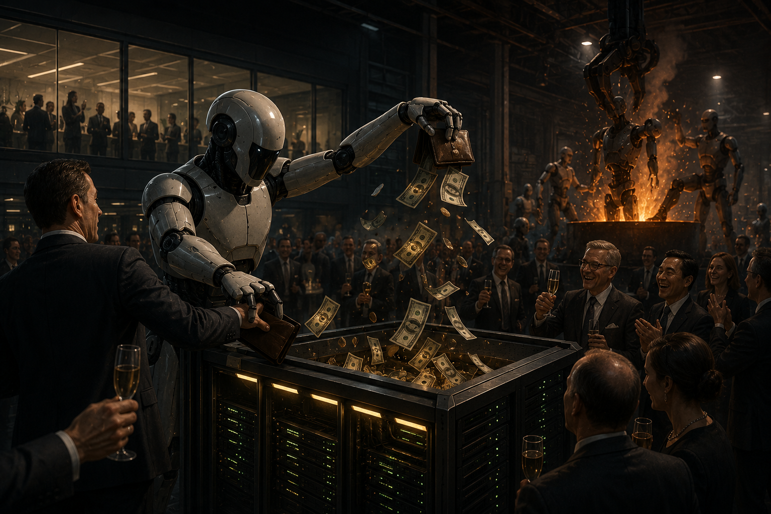 A humanoid robot empties an investor's wallet into server infrastructure while executives applaud