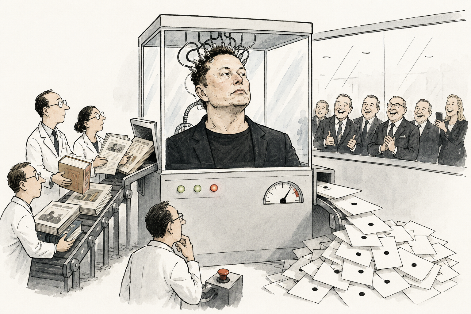 An editorial illustration of Elon Musk in a testing chamber connected to cables while researchers feed documents into a machine