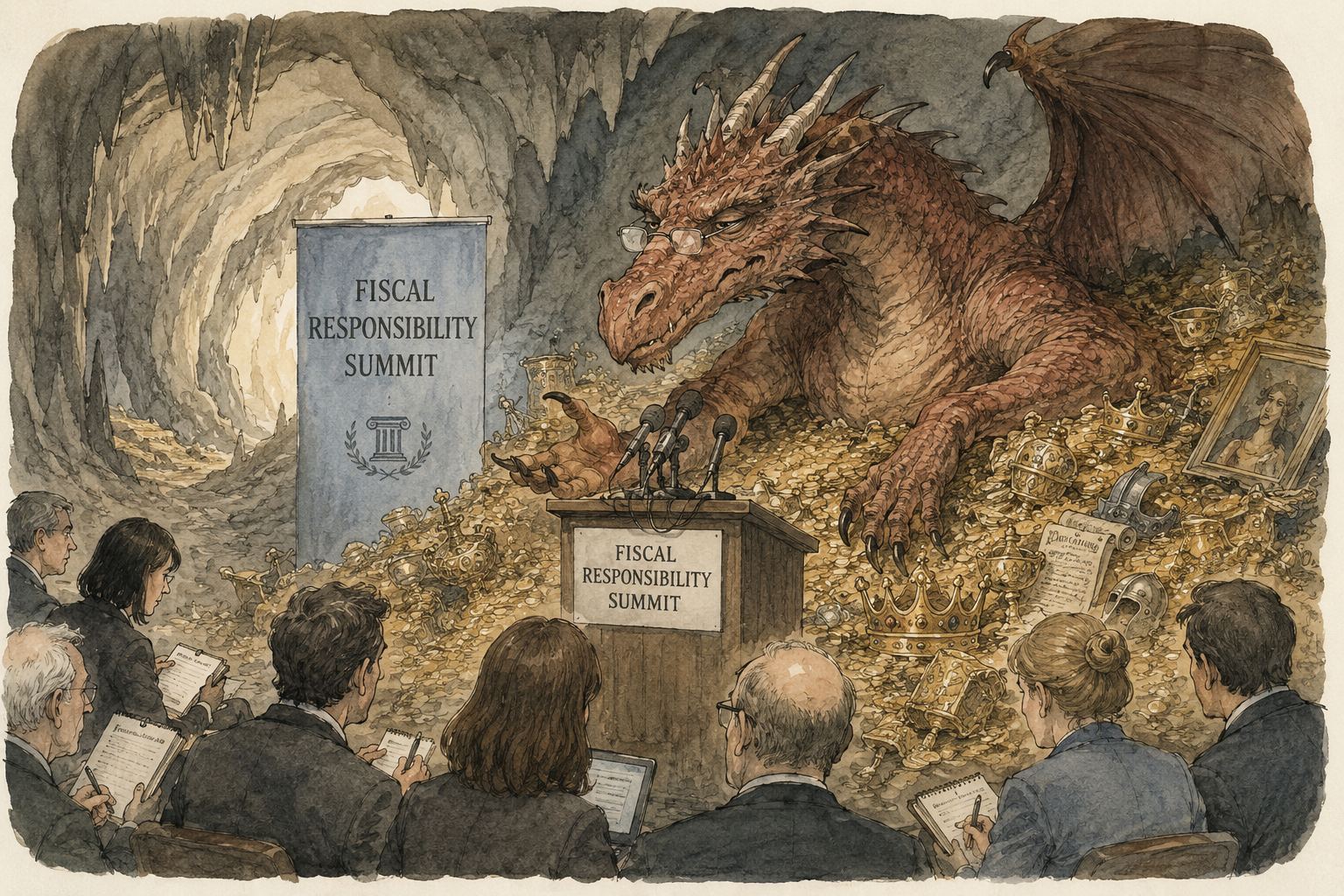 An editorial illustration of a bespectacled dragon speaking at a fiscal responsibility summit from atop a pile of treasure in a cave